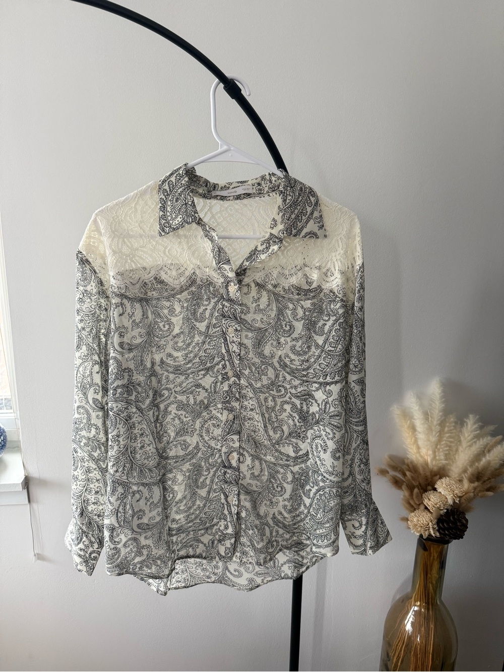 Mango Cream and Gray Paisley Lace Button-Up Blouse